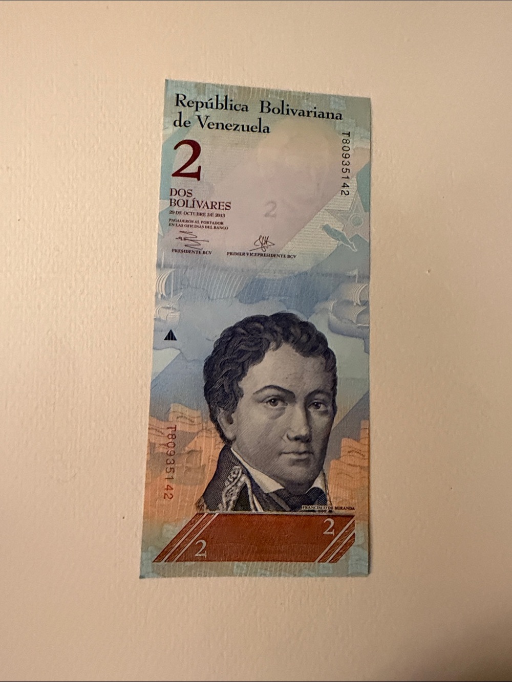 Source Unknown Two Bolivares Note Artwork - Blue and Brown